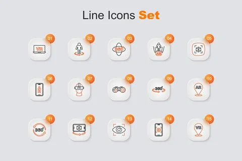 Set line Virtual reality, 3d modeling, Big brother electronic eye, 360 degr.. Illustrazione stock