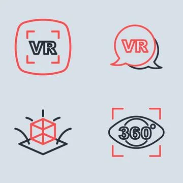 Set line Virtual reality, 3d modeling, 360 degree view and  icon. Vector Stock Illustration