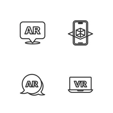 Set line Virtual reality, Augmented AR, and 3d modeling icon. Vector Illustrazione stock