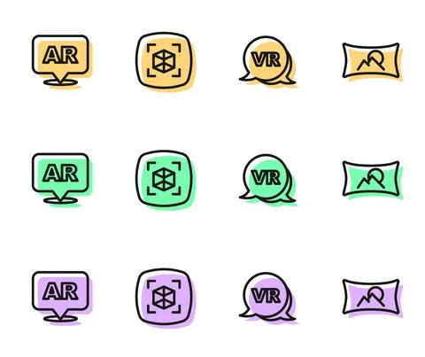 Set line Virtual reality, Augmented AR, 3d modeling and Wide angle picture icon Stock Illustration