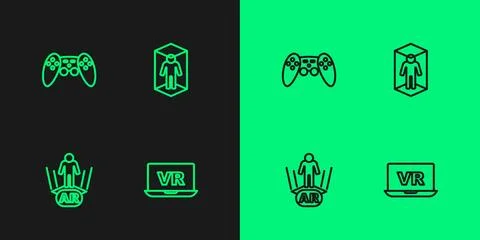 Set line Virtual reality, Augmented AR, Gamepad and 3d modeling icon. Vector Illustrazione stock