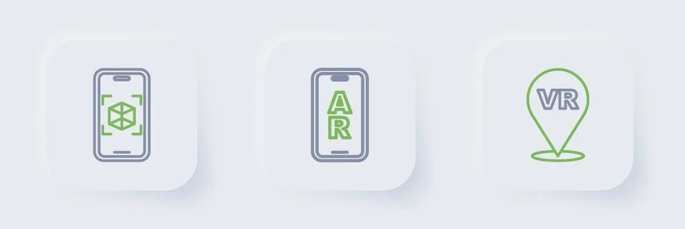 Set line Virtual reality, Augmented AR and 3d modeling icon. Vector Stock Illustration