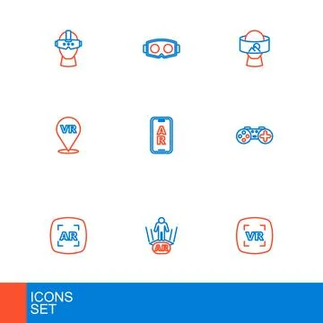 Set line Virtual reality, Augmented AR, Gamepad, glasses and  icon. Vector Stock Illustration