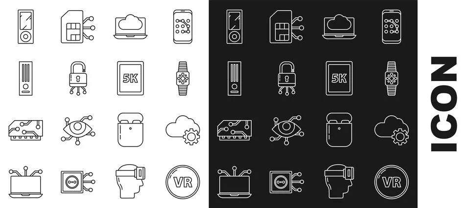 Set line Virtual reality, Cloud technology data transfer and storage, Smartwatch Stock Illustration