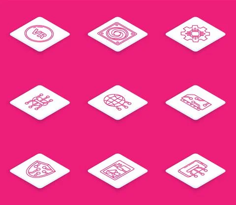 Set line Virtual reality, Computer cooler, Processor, Global technology social 스톡 일러스트