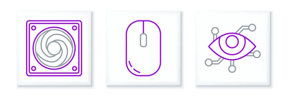 Set line Virtual reality, Computer cooler and mouse icon. Vector Stock Illustration