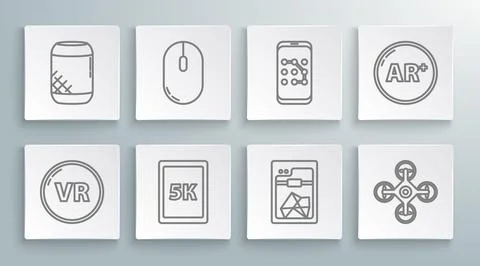 Set line Virtual reality, Computer mouse, Tablet with text 5k, 3D printer, .. Stock Illustration