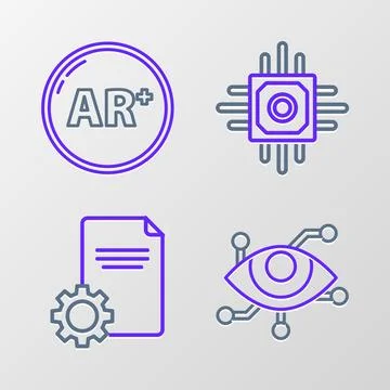Set line Virtual reality, File document, Processor and Ar, augmented icon. .. Stock Illustration