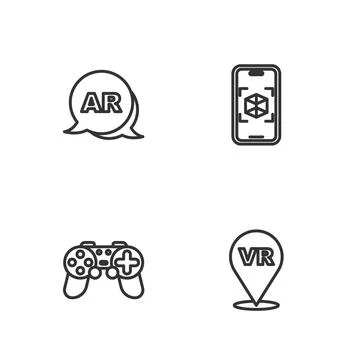 Set line Virtual reality, Gamepad, Augmented AR and 3d modeling icon. Vector Stock Illustration