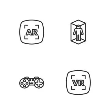 Set line Virtual reality, Gamepad, Augmented AR and 3d modeling icon. Vector Illustrazione stock