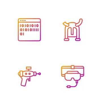 Set line Virtual reality glasses, Ray gun, Binary code and Viking horned helmet Stock Illustration