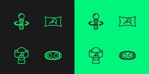 Set line Virtual reality glasses, VR controller game and Wide angle picture icon Illustrazione stock