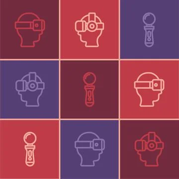 Set line Virtual reality glasses, VR controller game and icon. Vector Illustrazione stock