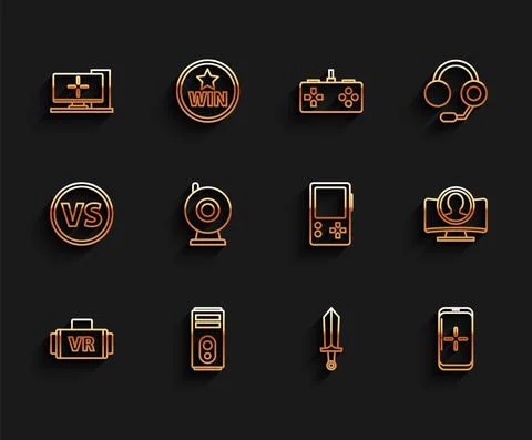 Set line Virtual reality glasses, Computer, monitor, Sword for game, Smartphone Stock Illustration