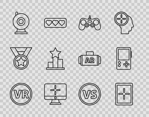 Set line Virtual reality glasses, Tablet, Gamepad, Computer monitor, Web camera Stock Illustration