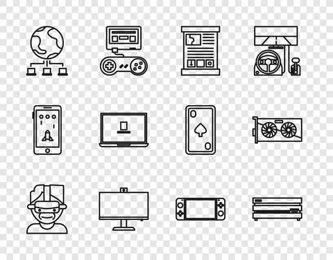 Set line Virtual reality glasses, Video game console, Game guide, Computer Illustrazione stock