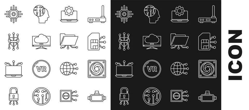 Set line Virtual reality glasses, Computer cooler, Sim card, Laptop and gear Illustrazione stock
