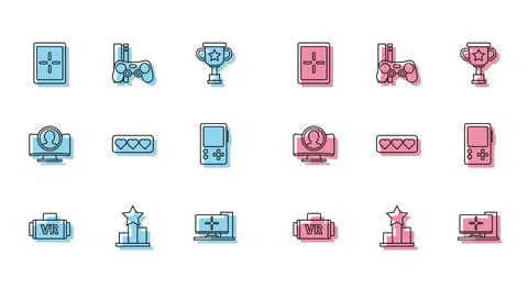Set line Virtual reality glasses, Star, Tablet, Computer monitor, Like and heart Stock Illustration