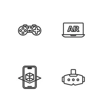 Set line Virtual reality glasses, 3d modeling, Gamepad and Augmented AR icon Stock Illustration
