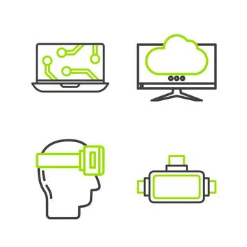 Set line Virtual reality glasses, Computer monitor screen and Laptop icon Illustrazione stock