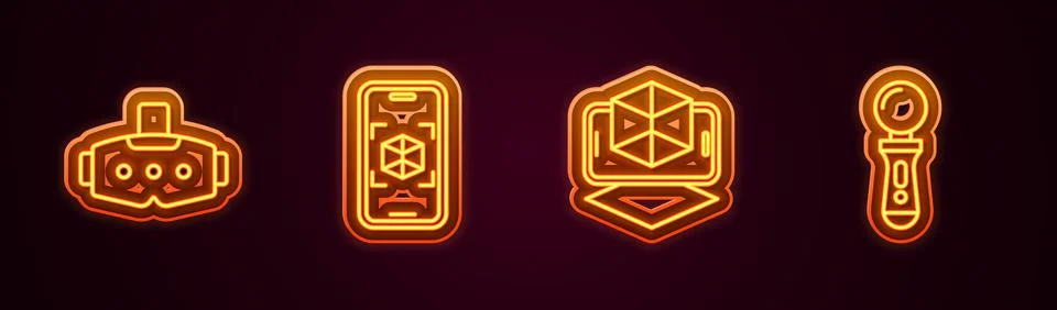 Set line Virtual reality glasses, 3d modeling, and VR controller game. Glowing Stock Illustration
