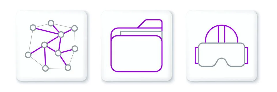 Set line Virtual reality glasses, Neural network and Document folder icon. Ve Stock Illustration
