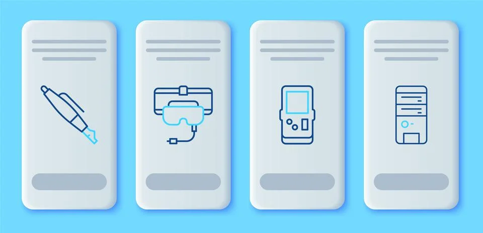 Set line Virtual reality glasses, Tetris, Fountain pen nib and Computer icon. Illustrazione stock