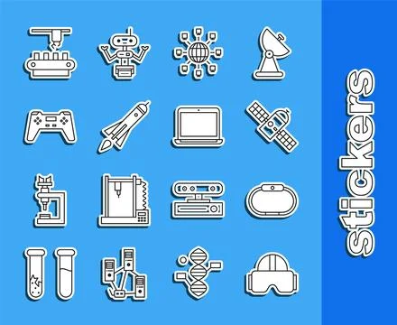Set line Virtual reality glasses, Smartwatch, Satellite, Social network, Rocket Stock Illustration