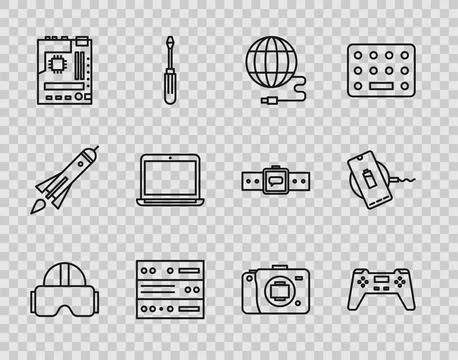 Set line Virtual reality glasses, Gamepad, Social network, Server, Data, Web Stock Illustration