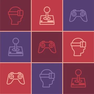 Set line Virtual reality glasses, Game controller or joystick and Joystick for Illustrazione stock