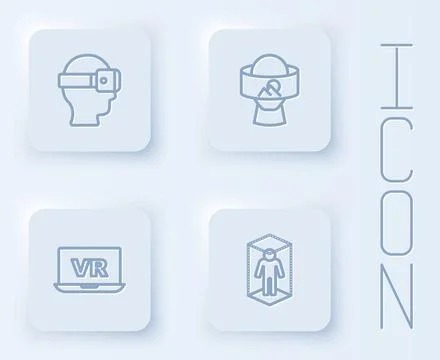 Set line Virtual reality glasses, and 3d modeling. White square button. Vector 스톡 일러스트