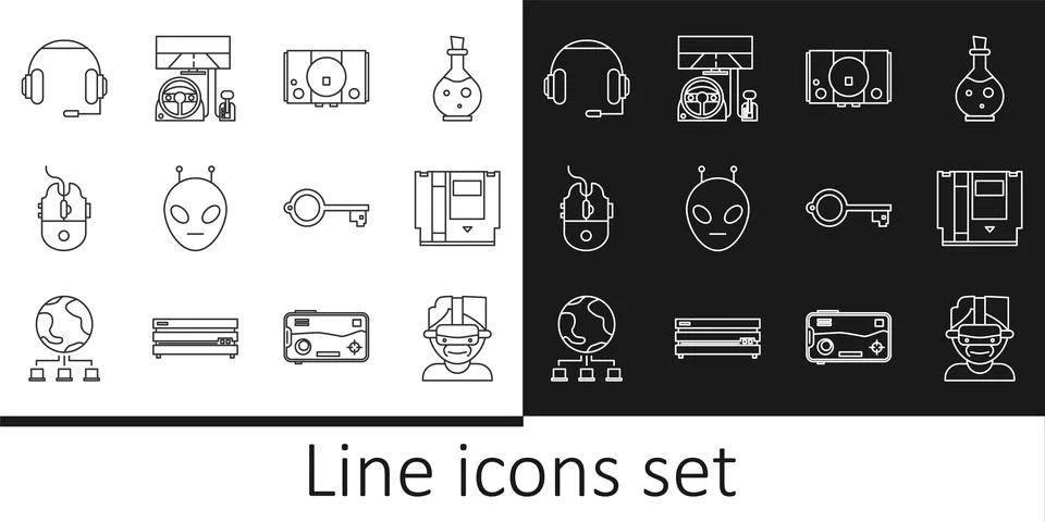 Set line Virtual reality glasses, Cartridge, Video game console, Alien, Computer Illustrazione stock