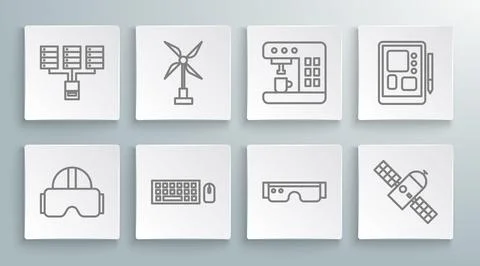 Set line Virtual reality glasses, Wind turbine, Keyboard and mouse, Smart Stock Illustration