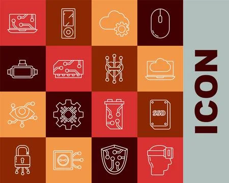 Set line Virtual reality glasses, SSD card, Cloud technology data transfer and Stock Illustration