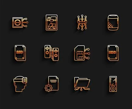 Set line Virtual reality glasses, File document, Remote control, Folder and.. Stock Illustration