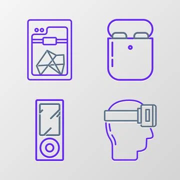 Set line Virtual reality glasses, Music player, Air headphones in box and 3.. Stock Illustration