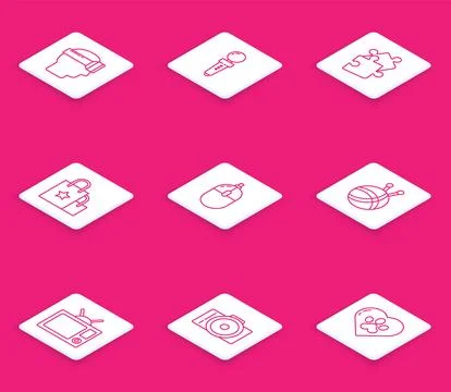 Set line Virtual reality glasses, Joystick for arcade machine, Piece of puzzle Stock Illustration