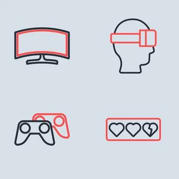Set line Virtual reality glasses, Game controller or joystick, life bar and.. Stockillustratie