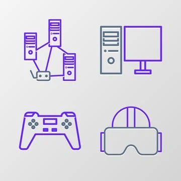 Set line Virtual reality glasses, Gamepad, Computer monitor and network ico.. Stock Illustration