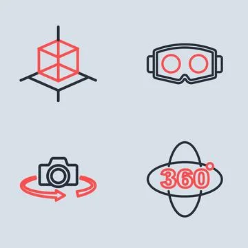 Set line Virtual reality glasses, 360 degree view,  and 3d modeling icon. V.. Stock Illustration
