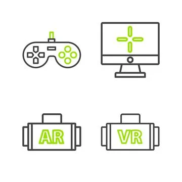 Set line Virtual reality glasses Ar augmented Computer monitor and Gamepad ic Illustrazione stock