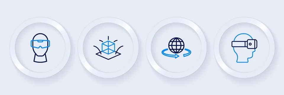 Set line Virtual reality glasses, 3d modeling,  and  icon. Vector Stock Illustration