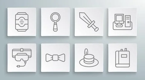 Set line Virtual reality glasses, Magnifying, Bow tie, Man hat, Book, Sword.. Illustrazione stock