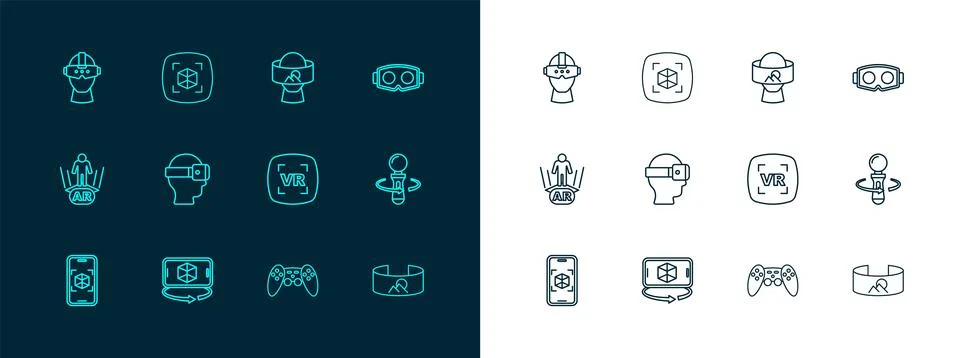 Set line Virtual reality glasses, 3d modeling, Gamepad,  and  icon. Vector Stock Illustration