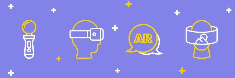 Set line Virtual reality glasses, Augmented AR,  and VR controller game ico.. Stock Illustration