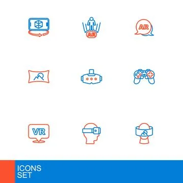 Set line Virtual reality glasses, Gamepad, Wide angle picture, Augmented AR.. Stock Illustration