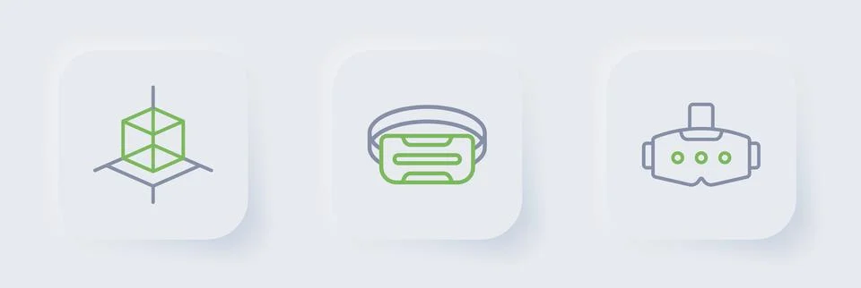 Set line Virtual reality glasses,  and 3d modeling icon. Vector Stock Illustration