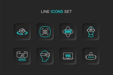 Set line Virtual reality glasses, 360 degree view, 3d modeling and  icon. V.. Stock Illustration