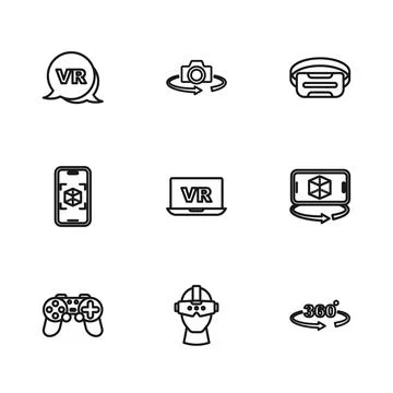 Set line Virtual reality glasses, 3d modeling, 360 degree view,  and  icon... Illustrazione stock