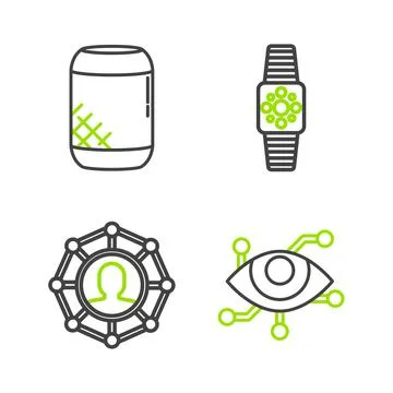 Set line Virtual reality, Project team base, Smartwatch and Voice assistant i Ilustração Stock